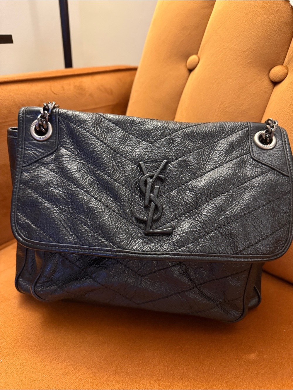 Genunie Leather Saint Laurent Black Quilted Crinkled Leather Shoulder Bag
